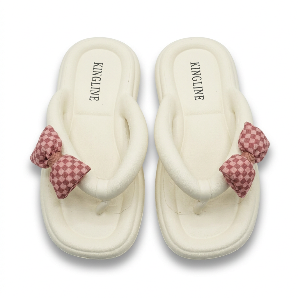 KINGLINE Off-White Platform Flip-Flops with Plaid Bow for Women