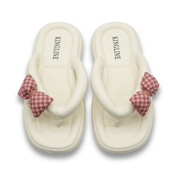 KINGLINE Off-White Platform Flip-Flops with Plaid Bow for Women