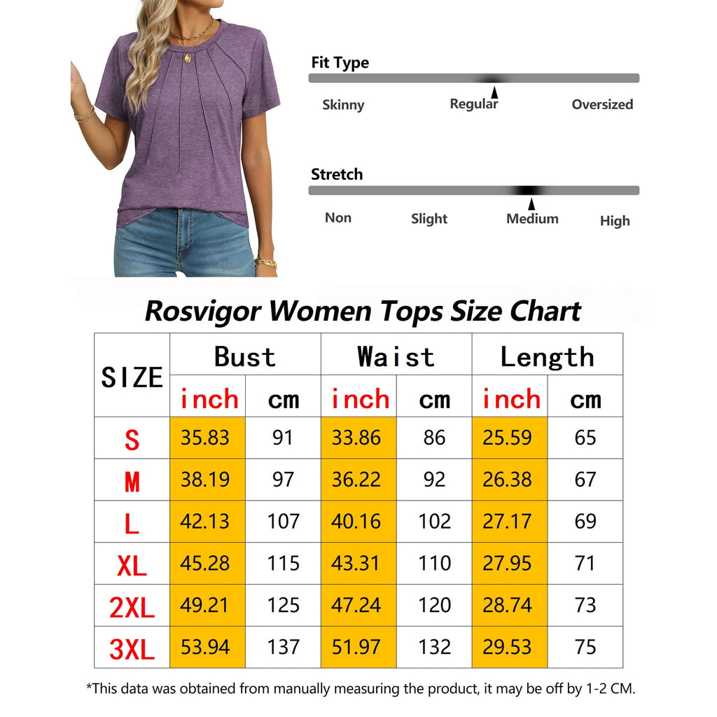 SIZE: 2XL - Rosvigor Blouses for Women Short Sleeve Shirts Casual Dressy Summer Tops with Pleats