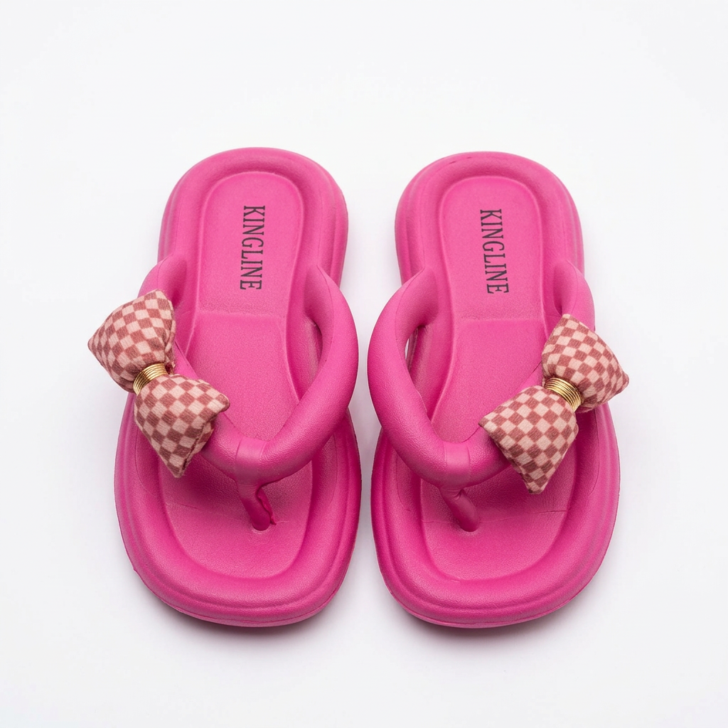 KINGLINE Fuchsia Pink Platform Flip-Flops with Plaid Bow for Women