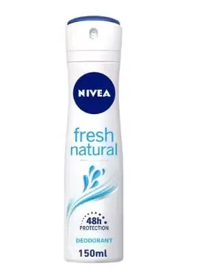 Nivea Fresh Natural Anti-Perspirant Deodorant Spray (150ml) with fresh blue packaging and a white cap. Spray nozzle pointing upwards.