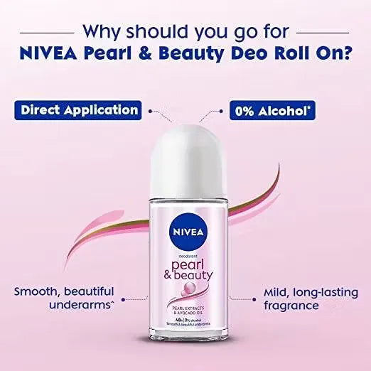 Nivea Pearl & Beauty 48H Roll-On Deodorant white bottle with blue accents and pearl graphic. Close-up view, showcasing product details.