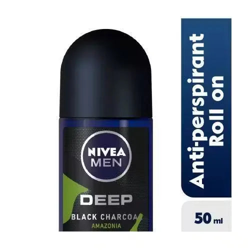 Black and silver Nivea Men Deep Black Carbon Roll-On Deodorant bottle with dark wood scent icon. Close-up view, highlighting the product name and key features.