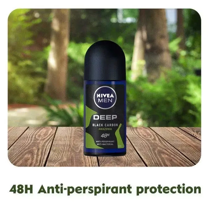 Black and silver Nivea Men Deep Black Carbon Roll-On Deodorant bottle with dark wood scent icon. Close-up view, highlighting the product name and key features.