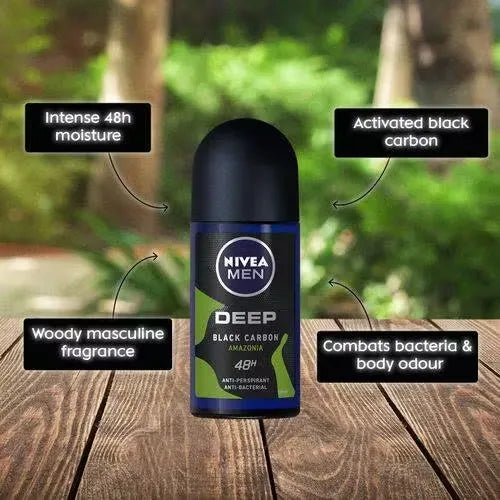 Black and silver Nivea Men Deep Black Carbon Roll-On Deodorant bottle with dark wood scent icon. Close-up view, highlighting the product name and key features.