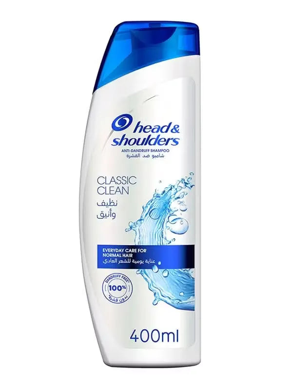 White bottle of Head & Shoulders Classic Clean Anti-Dandruff Shampoo (400ml) with red and blue accents, featuring a healthy-looking scalp and hair.