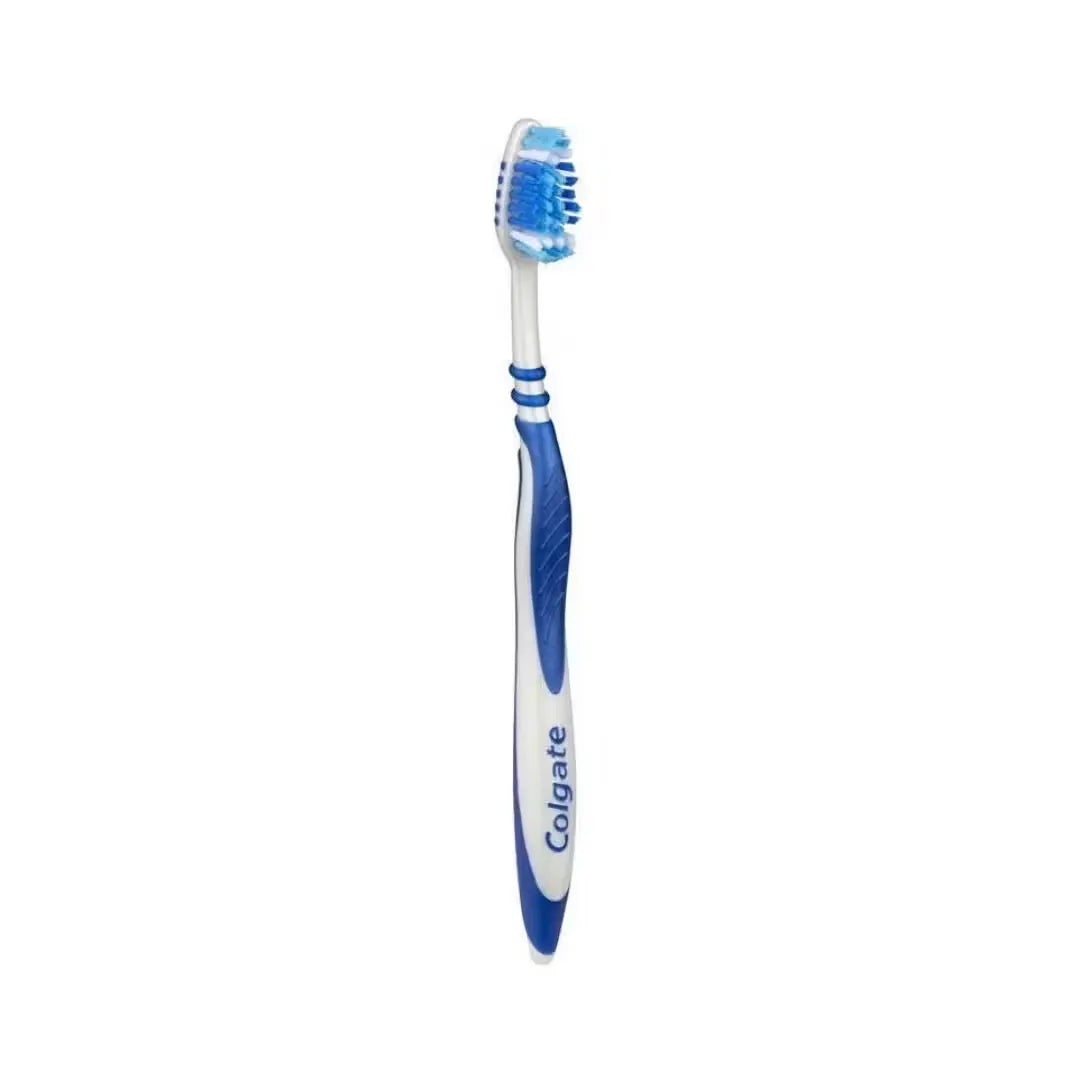 Close-up photo of a blue Colgate Zig Zag toothbrush with white bristles and a zigzag pattern on the handle.