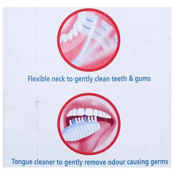 Close-up photo of a blue Colgate Zig Zag toothbrush with white bristles and a zigzag pattern on the handle.