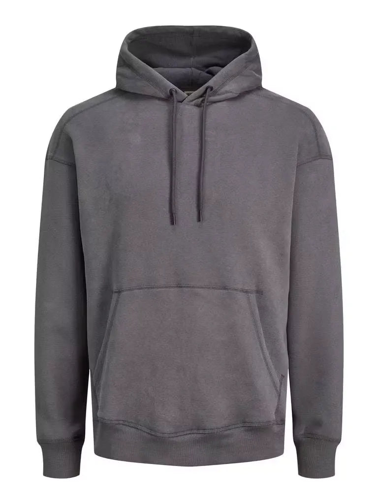 Jack & Jones men's hoodie in asphalt color, featuring a relaxed fit, kangaroo pocket, and drawstring hood. Shop on Dubailisit!