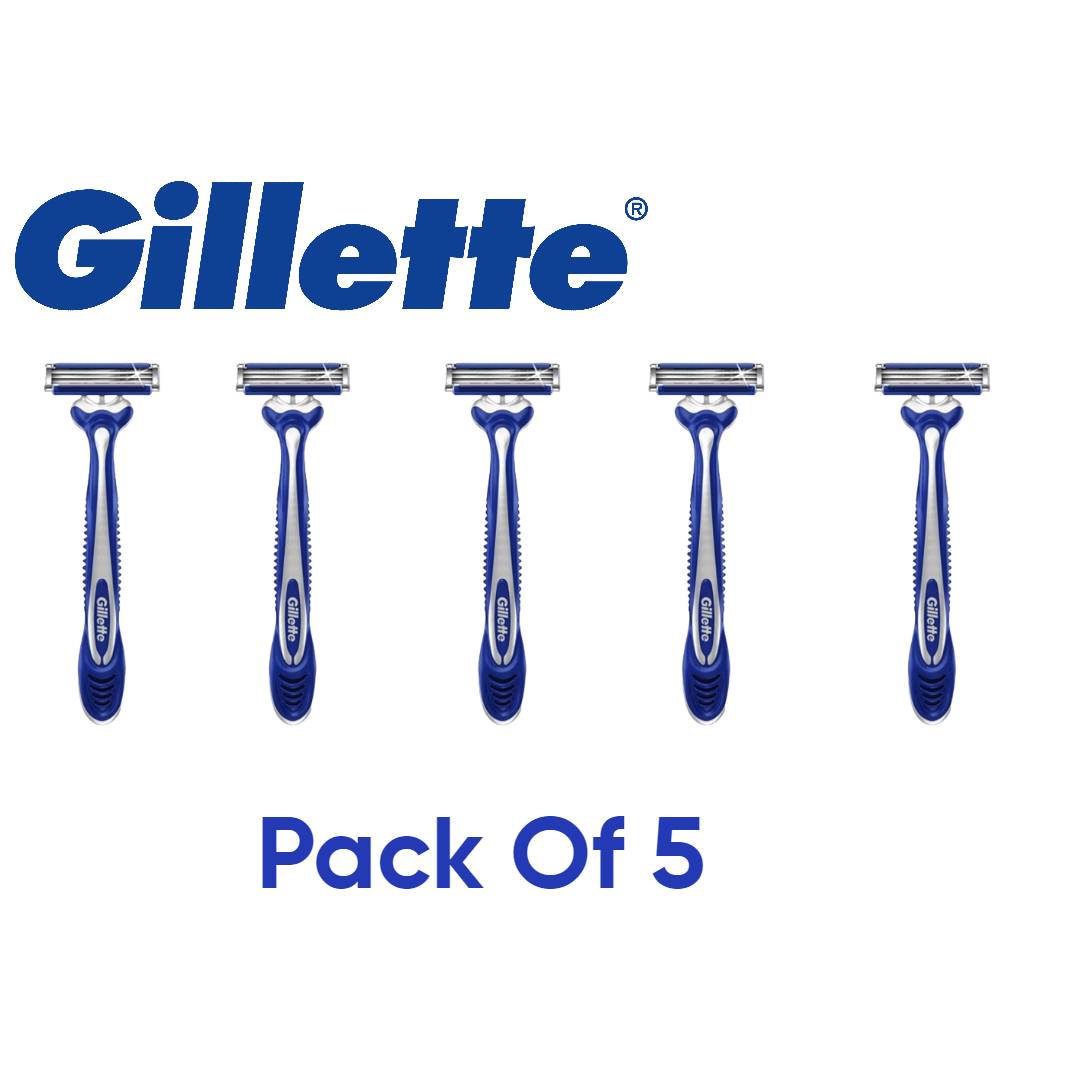Close-up photo of a blue Gillette Blue3 Comfort Men's Disposable Razor in a 5-pack package. Handle features a soft grip and the image highlights the three blades and lubrastrip.