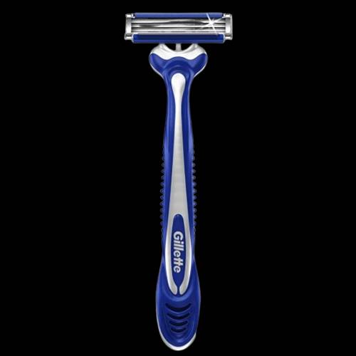 Close-up photo of a blue Gillette Blue3 Comfort Men's Disposable Razor in a 5-pack package. Handle features a soft grip and the image highlights the three blades and lubrastrip.