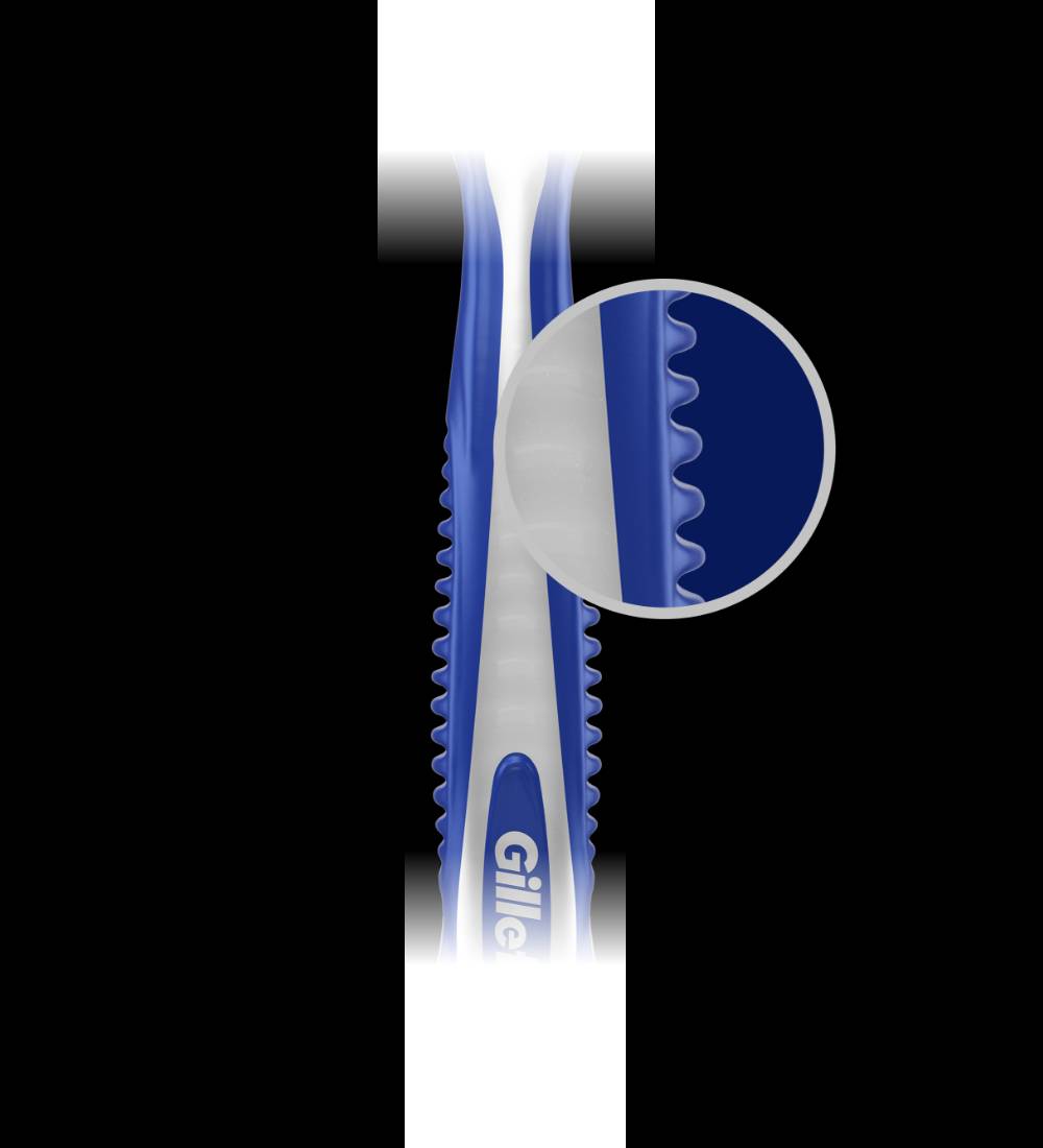 Close-up photo of a blue Gillette Blue3 Comfort Men's Disposable Razor in a 5-pack package. Handle features a soft grip and the image highlights the three blades and lubrastrip.