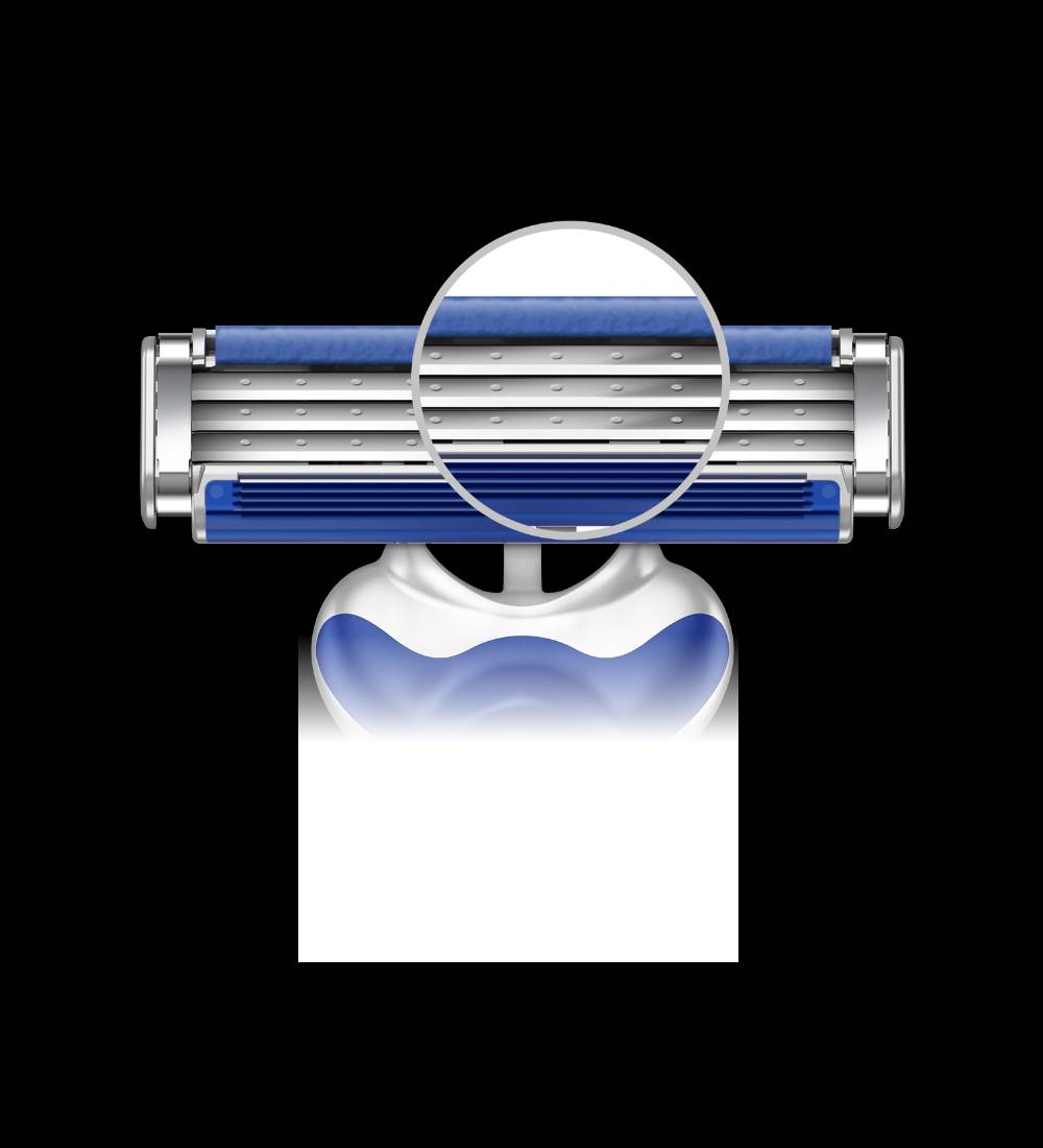 Close-up photo of a blue Gillette Blue3 Comfort Men's Disposable Razor in a 5-pack package. Handle features a soft grip and the image highlights the three blades and lubrastrip.