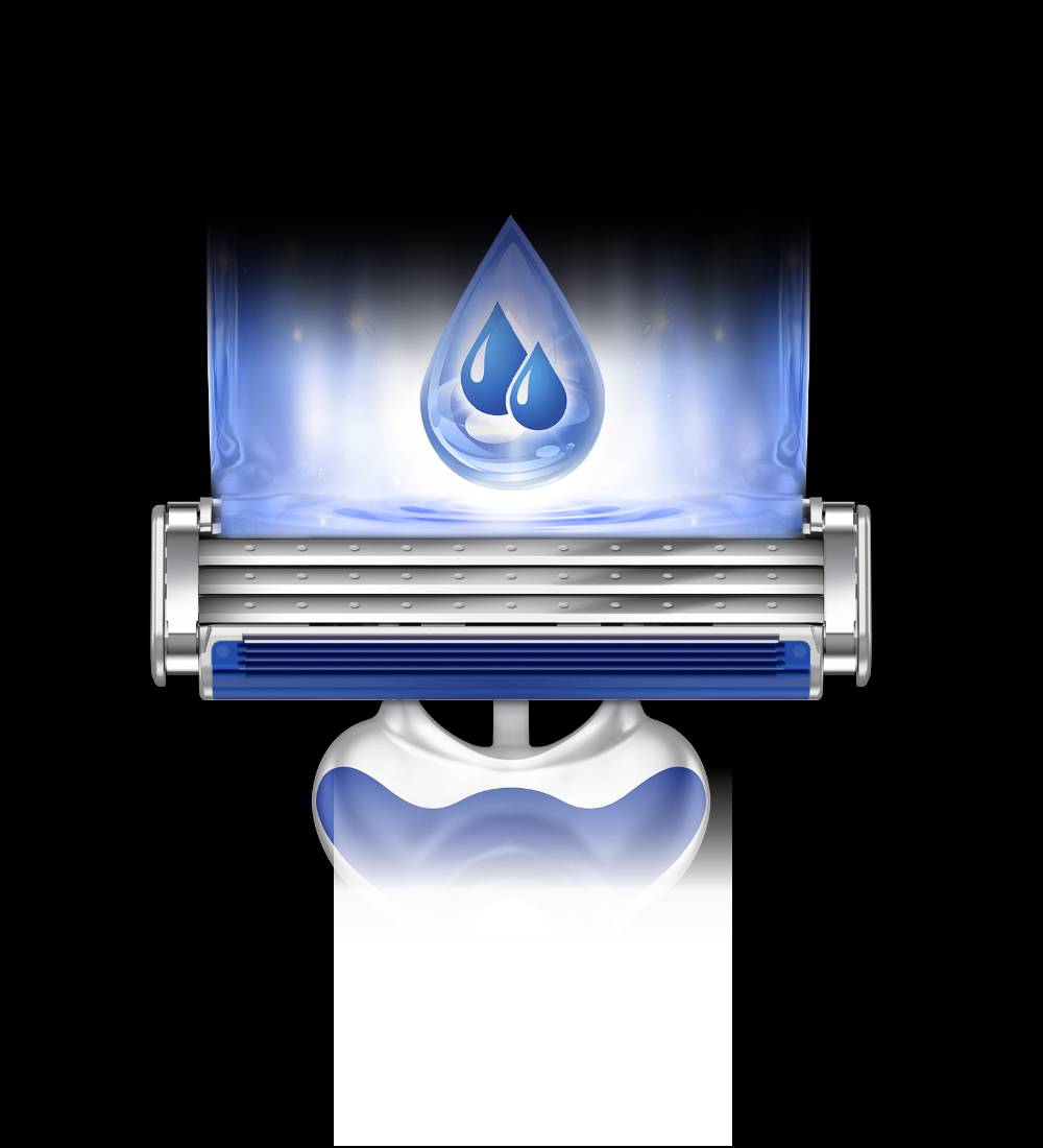 Close-up photo of a blue Gillette Blue3 Comfort Men's Disposable Razor in a 5-pack package. Handle features a soft grip and the image highlights the three blades and lubrastrip.