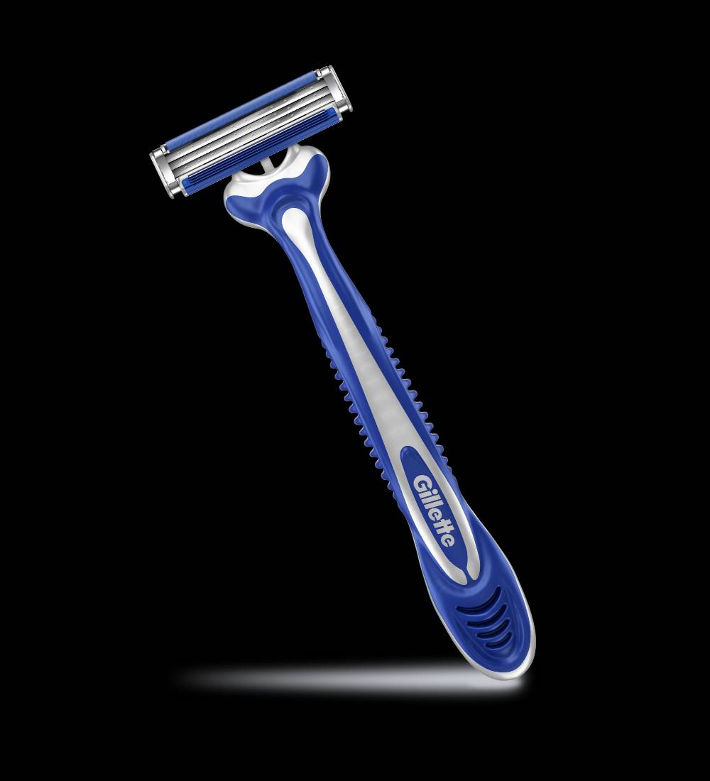 Close-up photo of a blue Gillette Blue3 Comfort Men's Disposable Razor in a 5-pack package. Handle features a soft grip and the image highlights the three blades and lubrastrip.