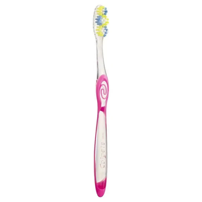 Pink Colgate Twister toothbrush with a close-up view of the twisted bristles and ergonomic handle.
