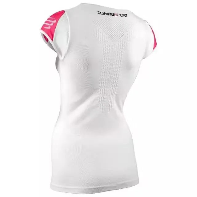 White Compressport Women's Trail Short Sleeve Compression Running Top. A close-up view of the top, showing the seamless construction, breathable fabric, and logo.