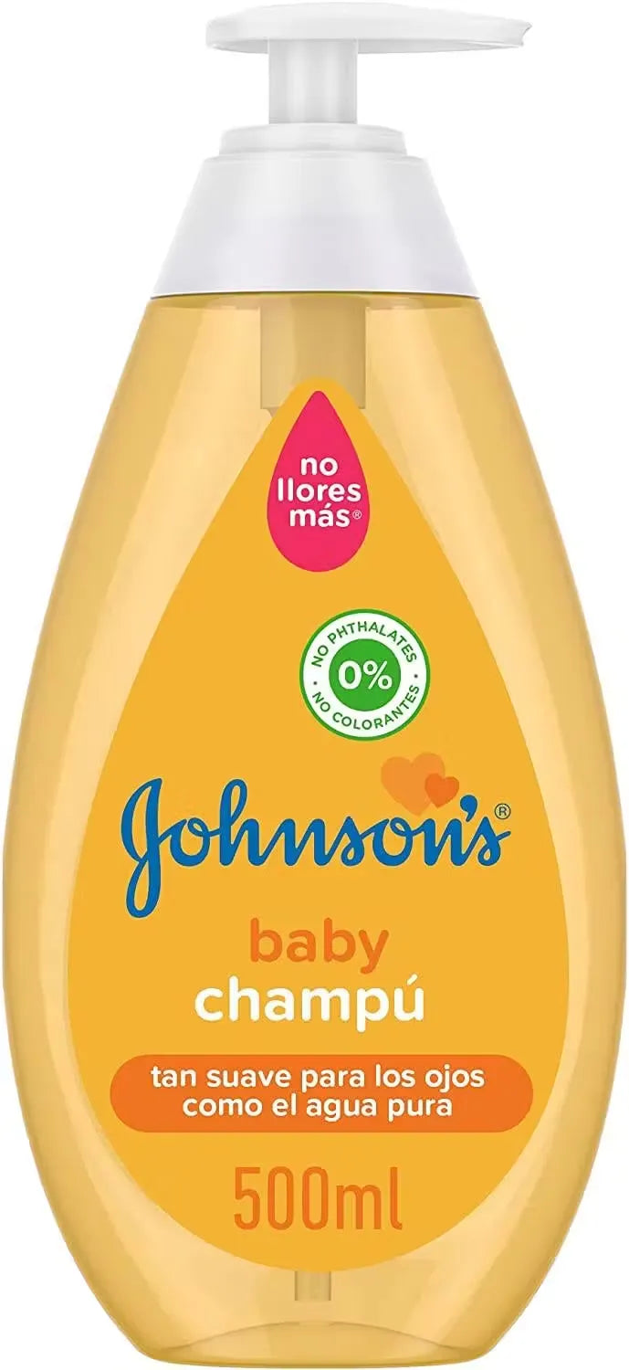 Large yellow bottle of Johnson's Baby Shampoo (500ml) with a gentle baby illustration and "No More Tears" logo.