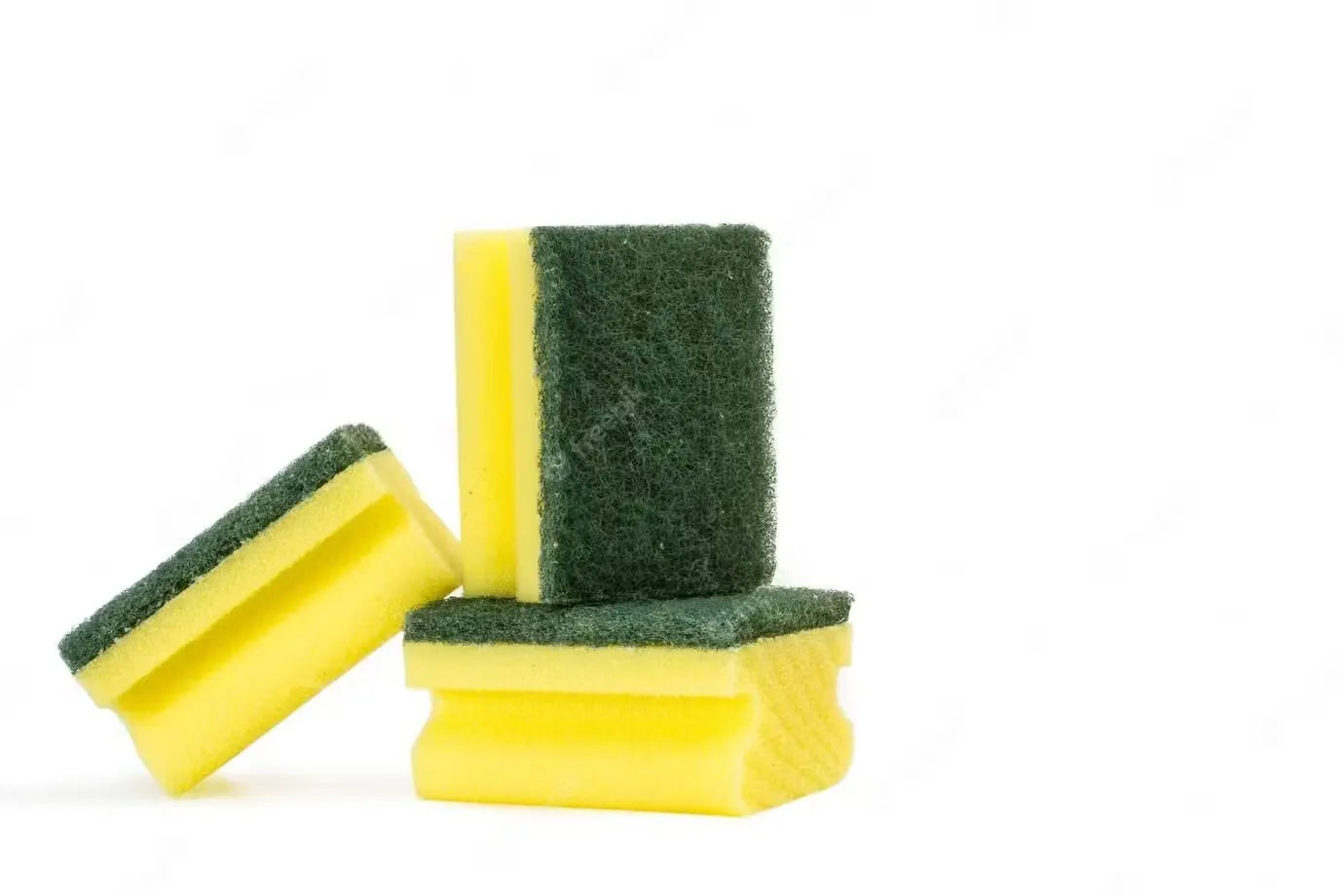 Pack of three premium quality sponge scrubbers with different colors and textures. Highlighting the soft texture and sudsy lather ideal for effortless cleaning.