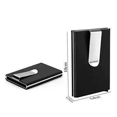 A slim metal credit card holder with a silver clip, laying on a flat surface. Organize & protect your cards in style with the Splash Metal Card Holder. Features RFID blocking & a secure clip.