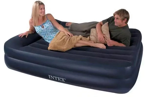 Intex Durabeam Inflatable Bed for 2 people. Features raised height, Fiber-Tech™ support, and built-in pump for easy inflation and deflation. Perfect for comfortable sleeping at home, camping, or for guests.