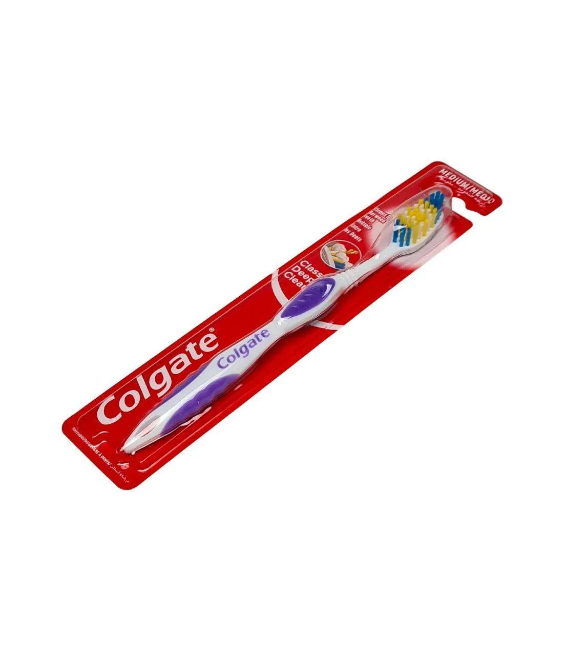 Close-up photo of a purple Colgate Classic toothbrush with medium bristles. Text highlights "Deep Clean" and "Vibrant Color
