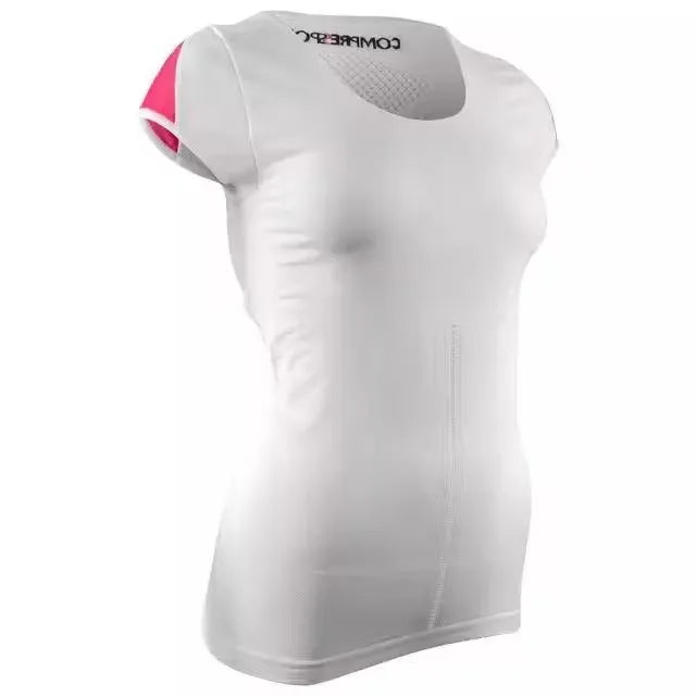 White Compressport Women's Trail Short Sleeve Compression Running Top. A close-up view of the top, showing the seamless construction, breathable fabric, and logo.