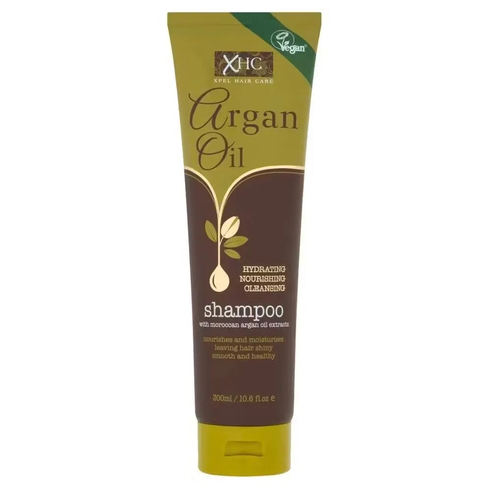Close-up photo of Argan Oil with Hydrating Shampoo 300ml bottle, emphasizing argan oil ingredient and healthy, shiny hair.