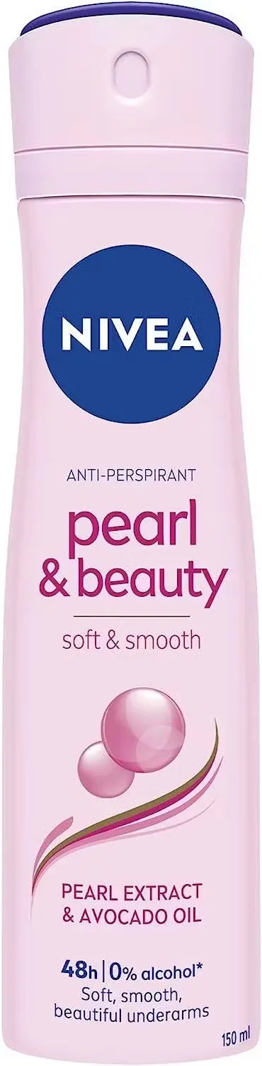 Close-up photo of Nivea Pearl&Beauty Antiperspirant Women's Spray (150ml) bottle. Pink and white design with pearlescent accents. Spraying onto hand or underarm.