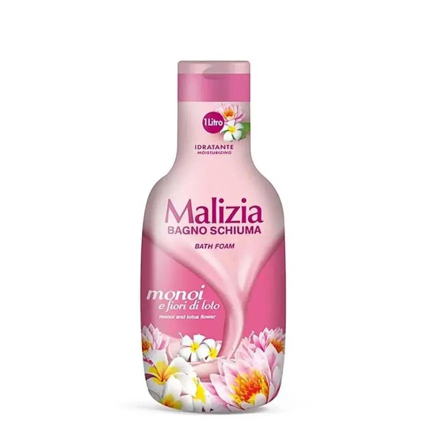 Large bottle (1000ml) of Malizia Shower Gel Monoi & Lotus Flower with blue label and floral design. Close-up view showcasing rich lather and inviting scent.