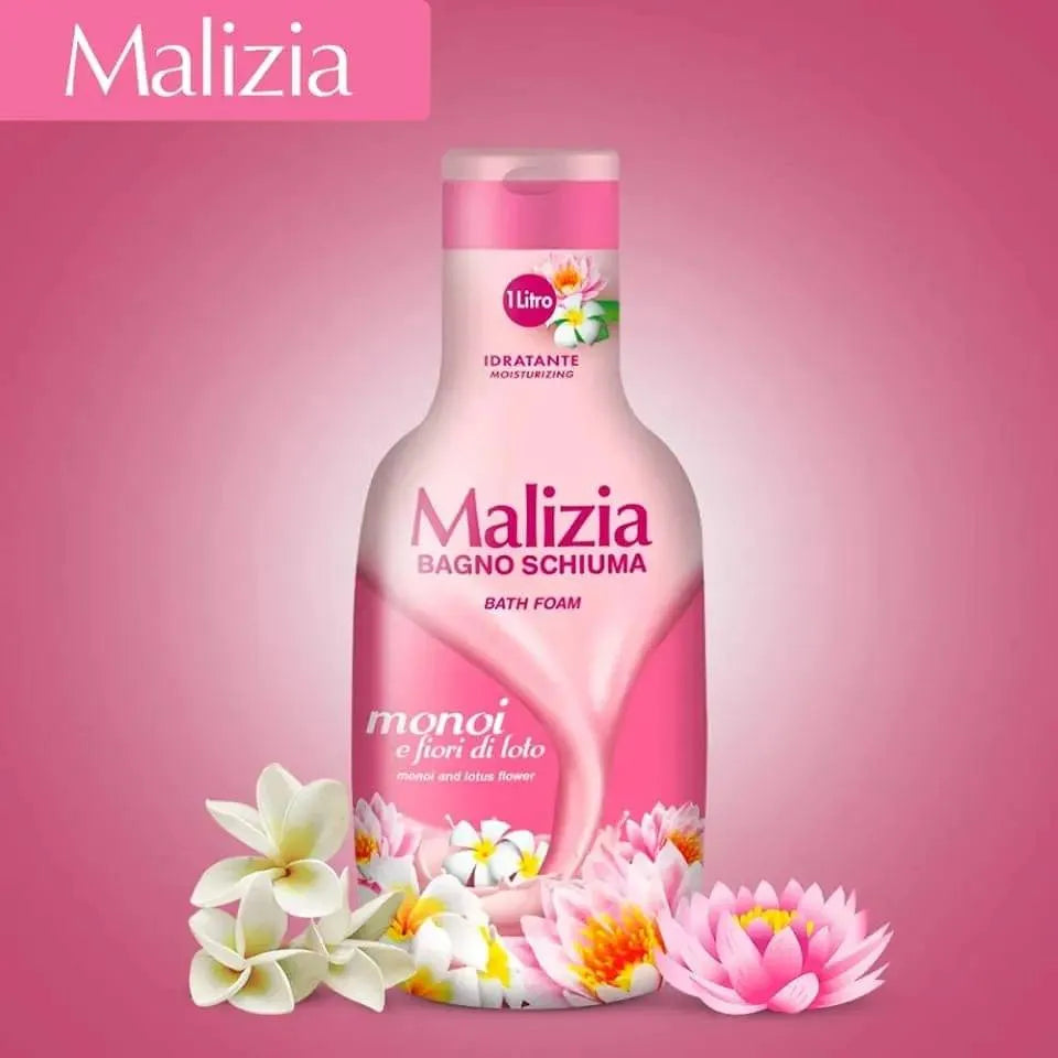 Large bottle (1000ml) of Malizia Shower Gel Monoi & Lotus Flower with blue label and floral design. Close-up view showcasing rich lather and inviting scent.