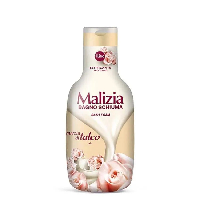 Large white bottle with blue accents and Malizia logo, labeled "Talc Nuvolo di Talco Shower Gel 1L." Gentle foam pouring from the bottle onto a hand.