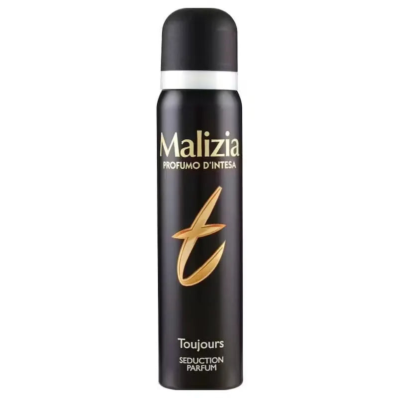 Malizia Toujours Seduction Parfum Deodorant Spray bottle (150ml) with a sleek, black design and pink accents. Close-up view highlighting the product name and tagline "Unleash Your Allure."