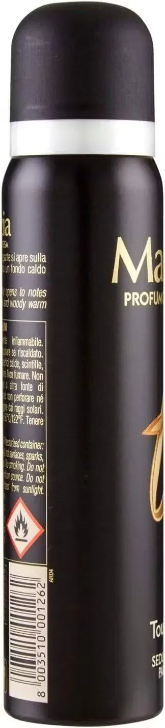 Malizia Toujours Seduction Parfum Deodorant Spray bottle (150ml) with a sleek, black design and pink accents. Close-up view highlighting the product name and tagline "Unleash Your Allure."