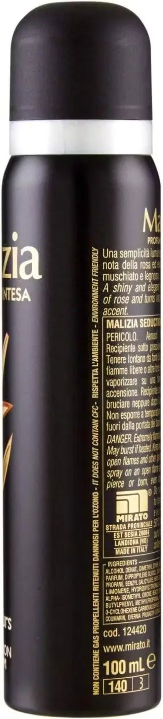 Malizia Toujours Seduction Parfum Deodorant Spray bottle (150ml) with a sleek, black design and pink accents. Close-up view highlighting the product name and tagline "Unleash Your Allure."