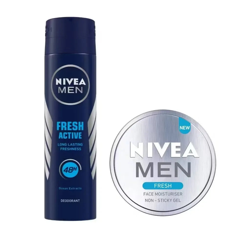 Nivea Men Fresh Active Original Deodorant Spray for Men (150ml) blue can with black cap, featuring ocean waves and men's silhouettes.