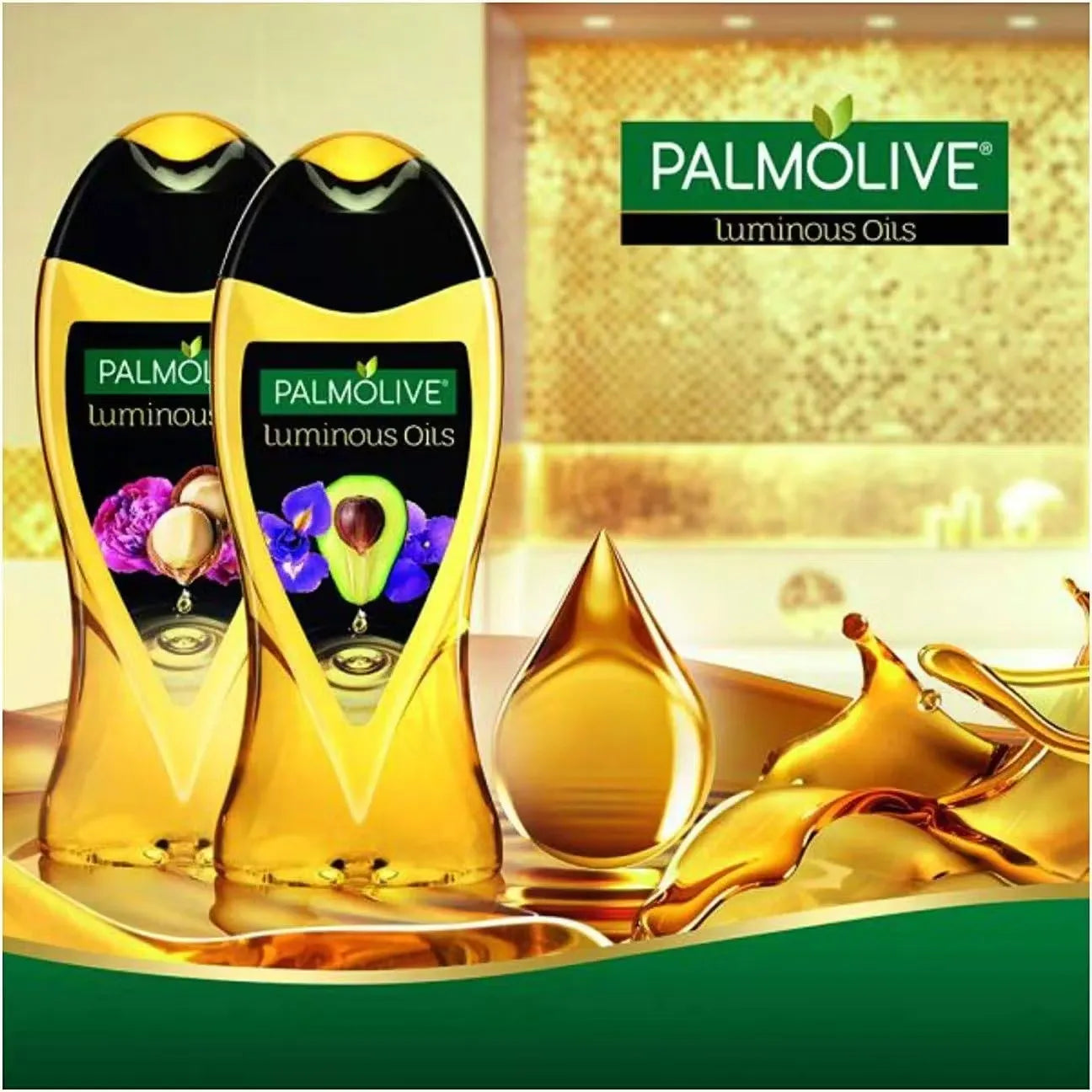 Green bottle with gold accents containing Palmolive Luminous Oils Avocado Oil & Iris Shower Gel (500ml). Close-up view showcasing luxurious lather and fresh ingredients.