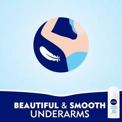 Close-up photo of Nivea Fresh Naturals 48H Roll On deodorant (50ml) with white and blue packaging. Image could also show a woman smiling confidently or enjoying outdoor activities.