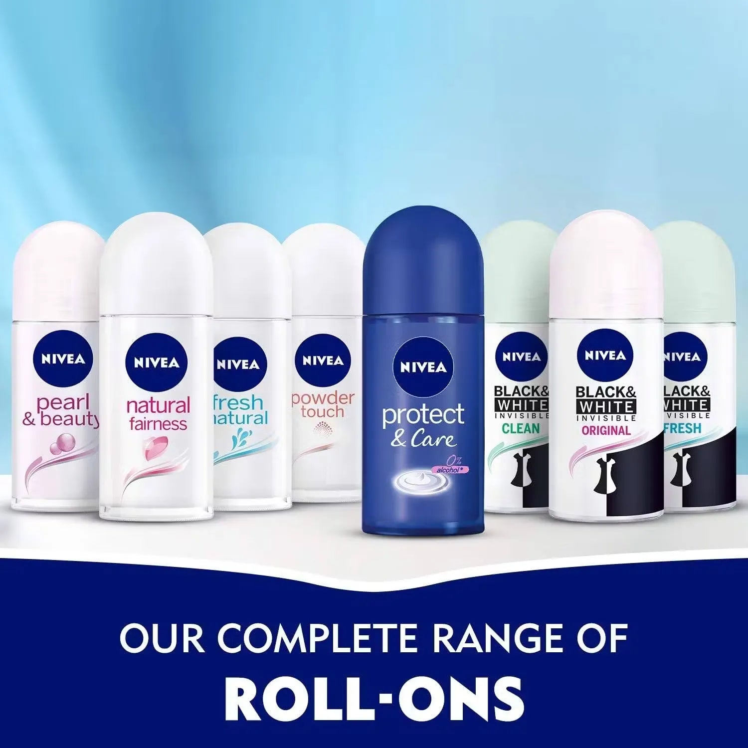 Close-up photo of Nivea Fresh Naturals 48H Roll On deodorant (50ml) with white and blue packaging. Image could also show a woman smiling confidently or enjoying outdoor activities.