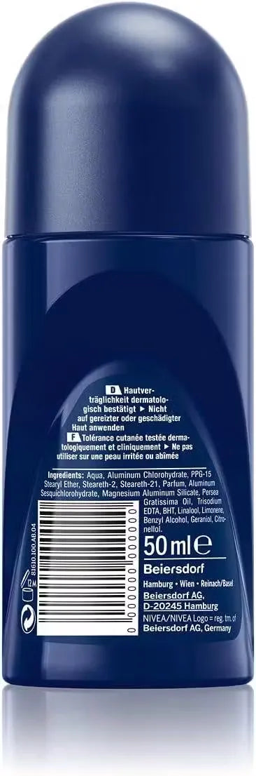 Close-up of Nivea Men Dry Impact Roll-On Deodorant 50ml bottle with blue accents and active man image.