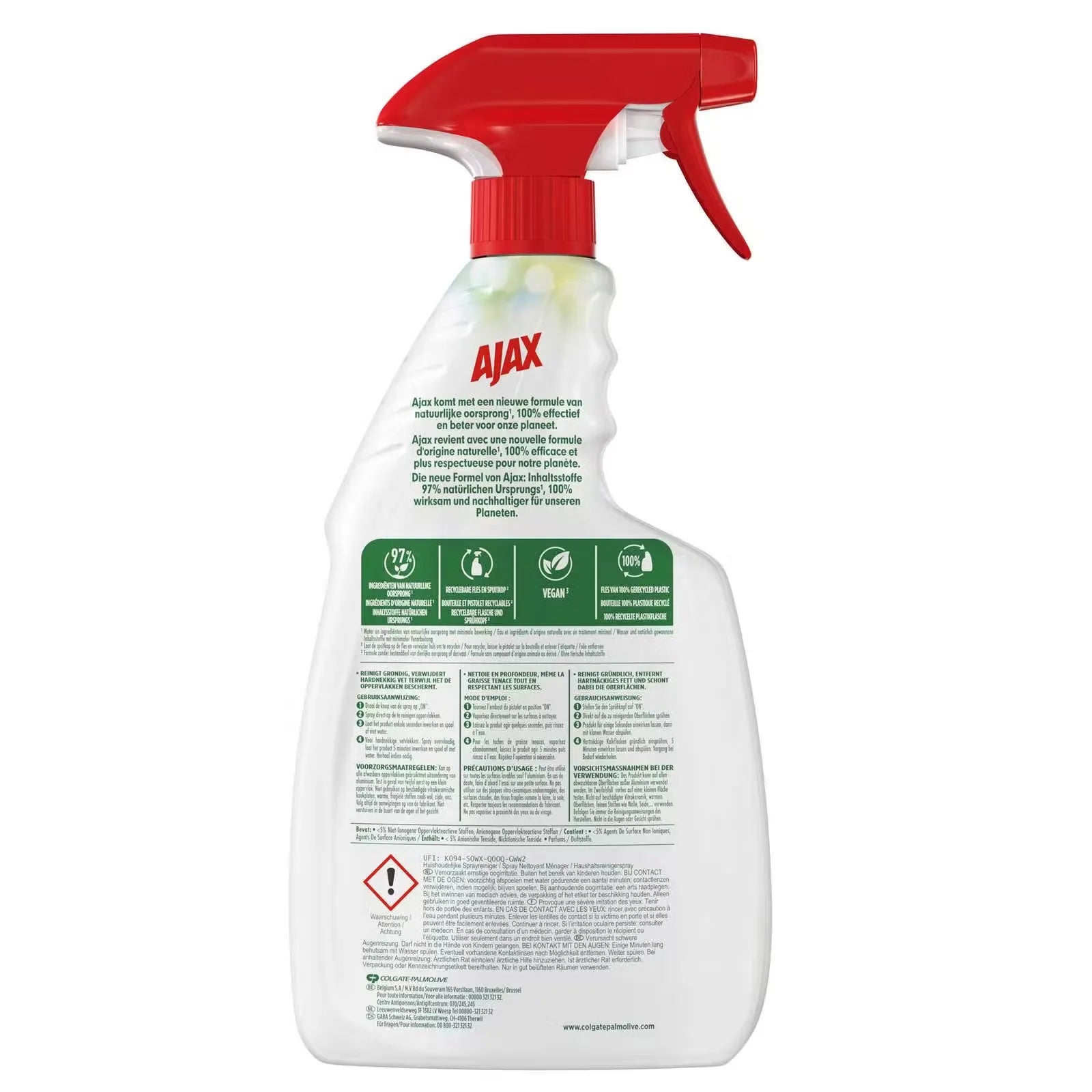Blue Ajax Multi-Surface Cleaner bottle with 500ml capacity, highlighting its antibacterial formula and bleach-free nature.