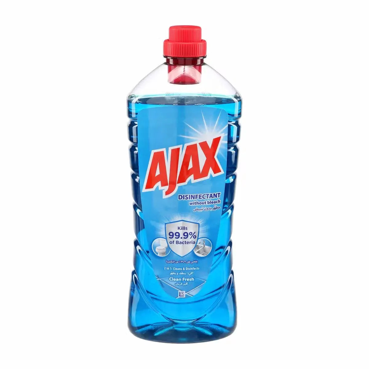 Blue bottle of Ajax Clean Fresh 2in1 Clean & Disinfect with trigger and easy-grip handle. Close-up view of product label highlighting "cleans & disinfects without bleach."