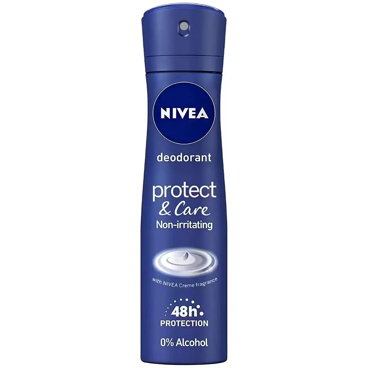 Nivea Protect & Care Deodorant spray bottle (150ml) with blue and white design. Woman smiling and raising her arms with fresh scent visuals around her.