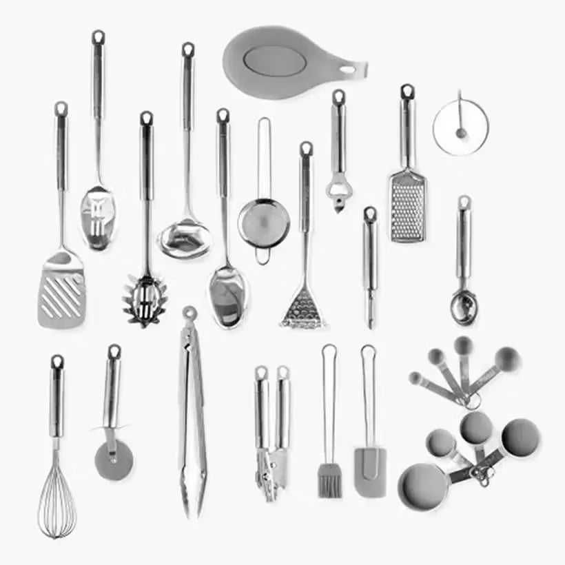 Insiya 27-piece stainless steel kitchen tool set - unleash your inner chef!  All the tools you need for cooking like a pro, from prepping to plating.  Durable and stylish stainless steel tools for everyday culinary adventures. Highlight specific tools in the set, showcasing their uses.  Mention if the set includes any unique or specialized tools.  Show the tools in action, preparing or serving food. Unleash your inner chef! Get the Insiya 27-piece kitchen tool set today.