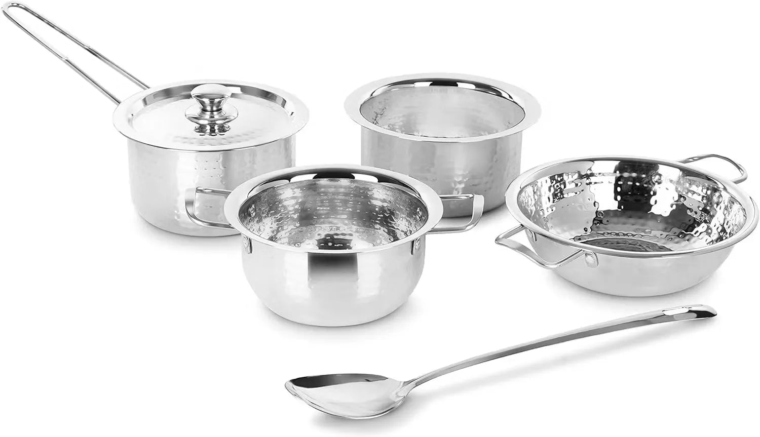 5-piece hammered cookware set adds elegance and performance to your kitchen. Stylish stainless steel cookware for everyday cooking with flair. Cookware set with unique hammered finish, perfect for memorable meals. Cook in style with this premium 5-piece set, combining beauty and functionality. Upgrade your kitchen and cook with distinction! Shop the Classic Essentials hammered cookware set.