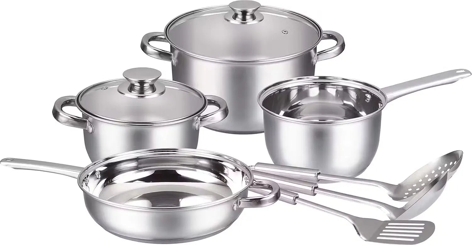Insiya 9-piece stainless steel cookware set for all your kitchen needs. Upgrade your cooking experience with this versatile cookware set. Cook like a pro with durable and stylish stainless steel. Set includes: list items (saucepans, frying pans, etc.) Made from high-quality stainless steel for lasting performance. Elevate your kitchen with the Insiya 9-piece cookware set! Shop now.