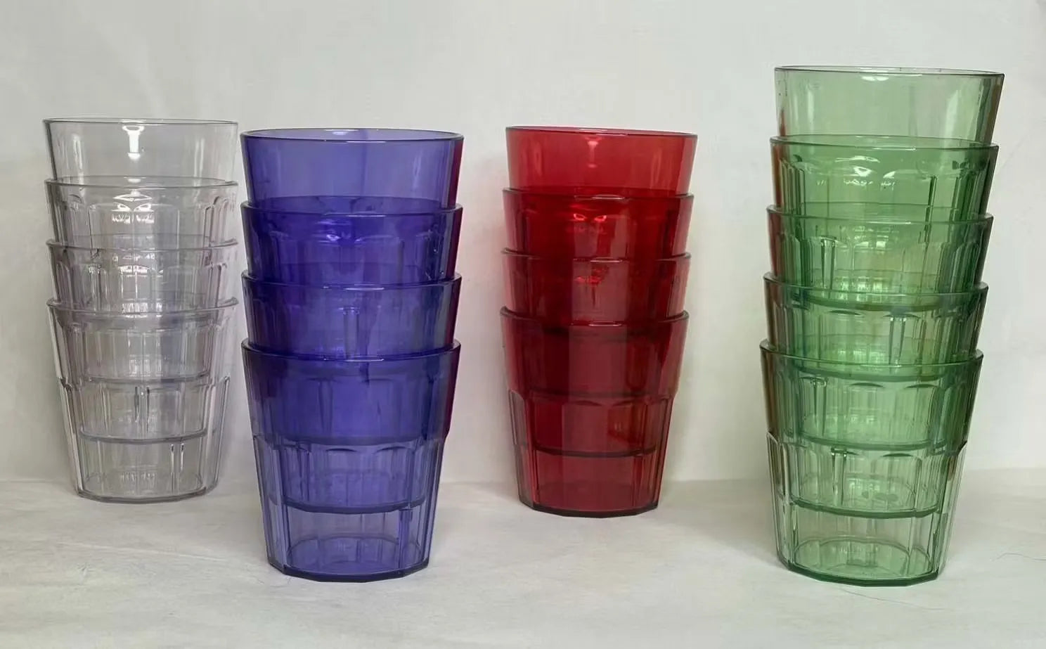 Set of 12 virtually unbreakable, thick drinking cups. Strong and durable cups, perfect for everyday use. Shatterproof cups built to withstand bumps and drops.  Say goodbye to broken glasses with this set of durable, shatterproof cups.