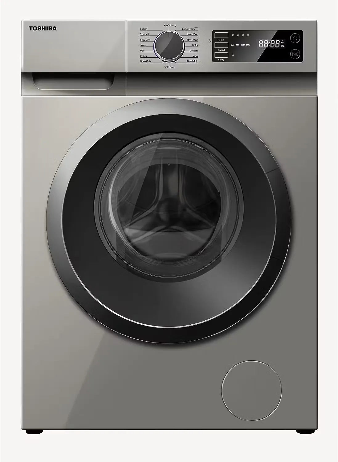 Sleek silver Toshiba 8kg Front Load Washing Machine, featuring a modern design with a large porthole and intuitive control panel.