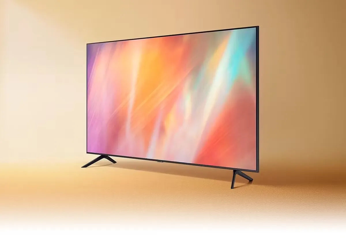 Samsung 50-inch AU7000 Crystal UHD 4K Smart TV (2024) in black, displaying a vibrant image on the screen. Sleek, modern design with thin bezels. Close-up of Samsung AU7000 Smart TV showing its crystal clear picture quality, HDR capabilities, and smart features like access to streaming apps.