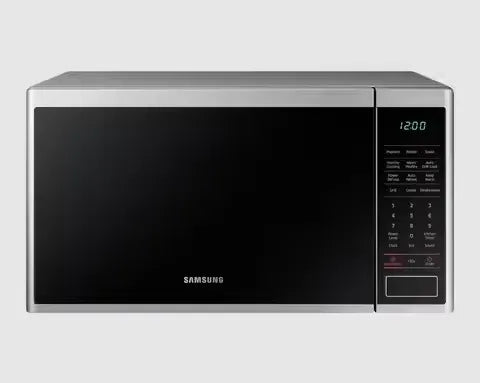 Sleek, stainless steel Samsung 40L Grill Microwave Oven with open door showcasing a turntable and interior grill element.